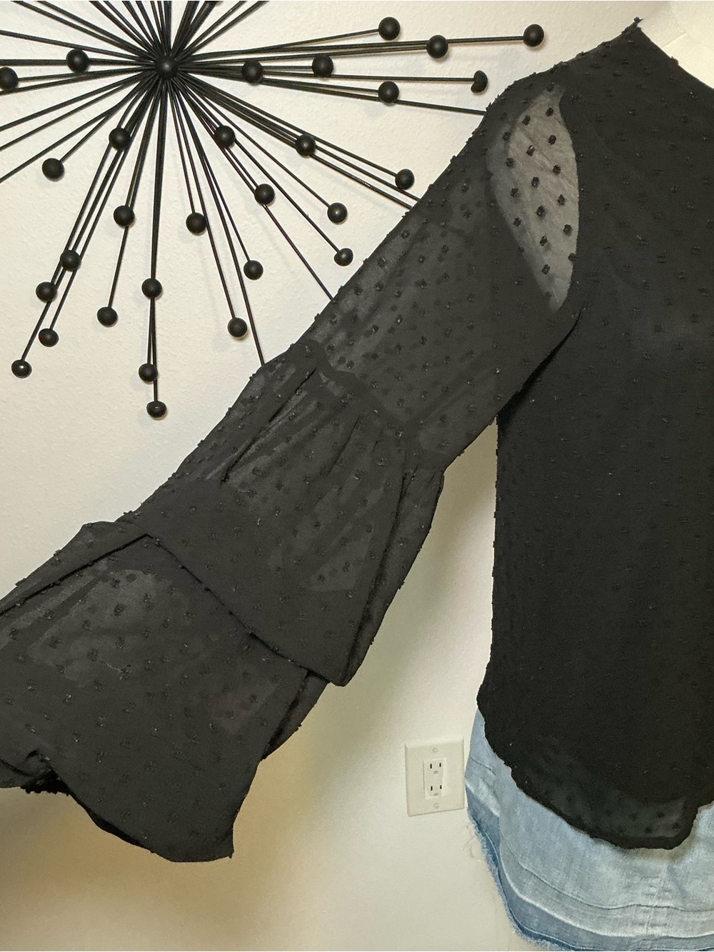 Hudson Gray Black Swiss Dot Sheer Bell Sleeve Blouse Size Small - Picture 3 of 4